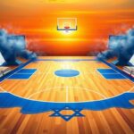 Flick International A vibrant basketball court merging with elements representing Israel, including blue and white colors of the Israeli flag.