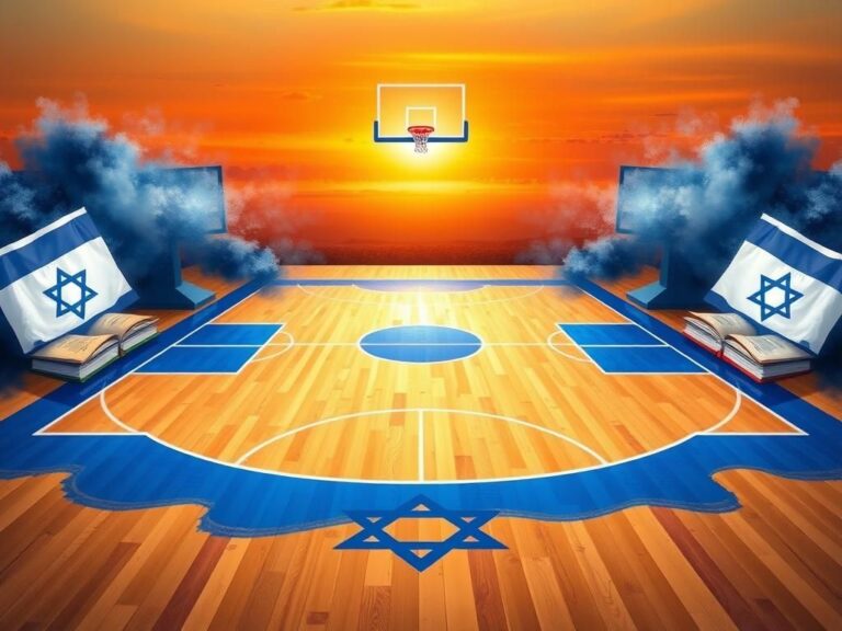 Flick International A vibrant basketball court merging with elements representing Israel, including blue and white colors of the Israeli flag.