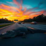 Flick International A six-foot alligator lying on Interstate 4 in Florida at sunset, showcasing its rugged scales.