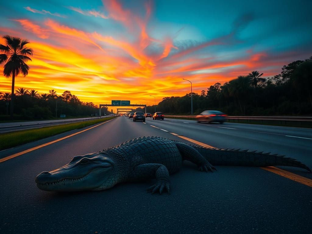 Flick International A six-foot alligator lying on Interstate 4 in Florida at sunset, showcasing its rugged scales.