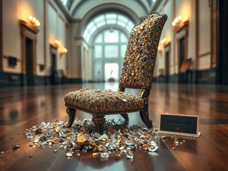 Flick International Close-up of a shattered Swarovski crystal-encrusted chair at Palazzo Maffei museum