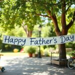 Flick International Serene outdoor scene with 'Happy Father's Day' banner and playful tricycles
