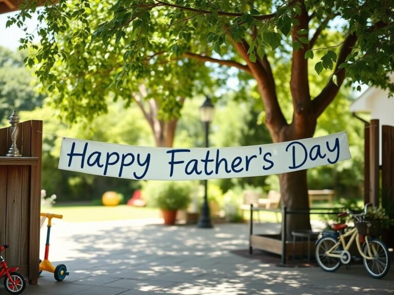 Flick International Serene outdoor scene with 'Happy Father's Day' banner and playful tricycles