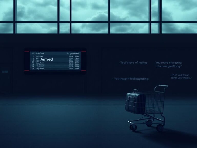 Flick International Dimly lit airport terminal with empty arrival area and digital flight board showing arrived flight