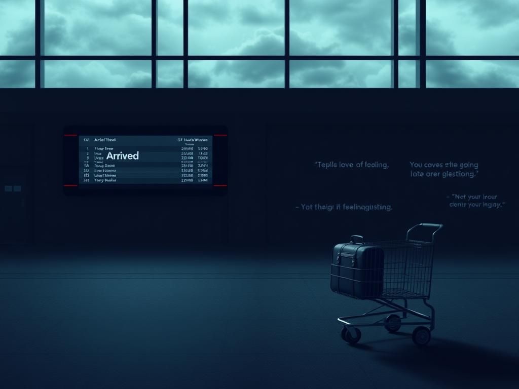 Flick International Dimly lit airport terminal with empty arrival area and digital flight board showing arrived flight