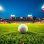 Flick International A vibrant soccer field under stadium lights with a scuffed ball at the center