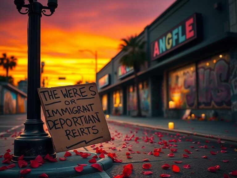 Flick International A poignant sunset scene in Los Angeles featuring colorful graffiti murals and a protest sign about immigrant rights