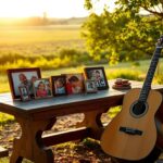 Flick International A rustic wooden table outdoors with framed family photos and a classic guitar, evoking themes of fatherhood.