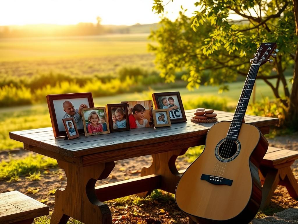 Flick International A rustic wooden table outdoors with framed family photos and a classic guitar, evoking themes of fatherhood.