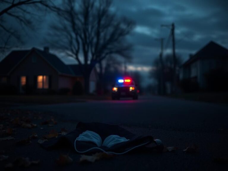 Flick International A shadowy Minnesota street scene with a discarded police-like uniform and mask at twilight.