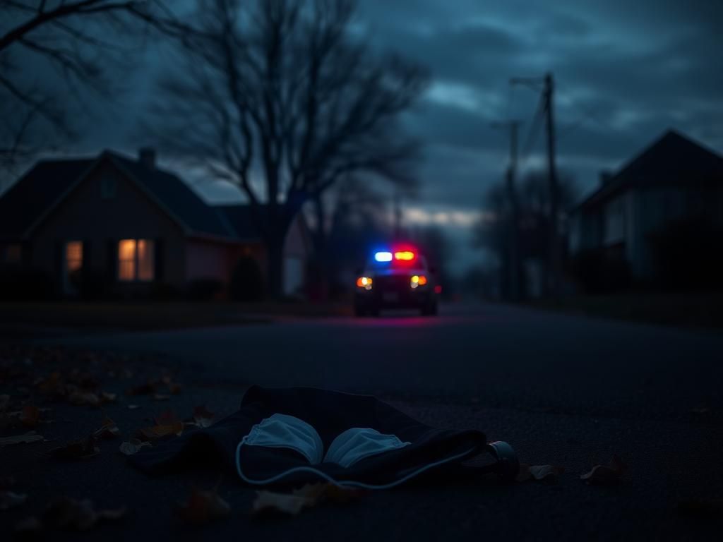 Flick International A shadowy Minnesota street scene with a discarded police-like uniform and mask at twilight.
