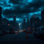 Flick International Dramatic cityscape at dusk with towering skyscrapers representing urban unrest
