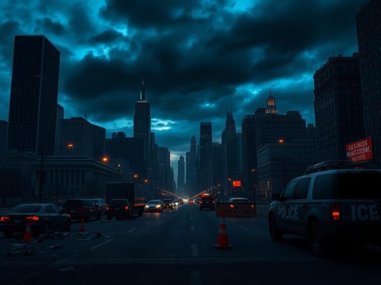 Flick International Dramatic cityscape at dusk with towering skyscrapers representing urban unrest