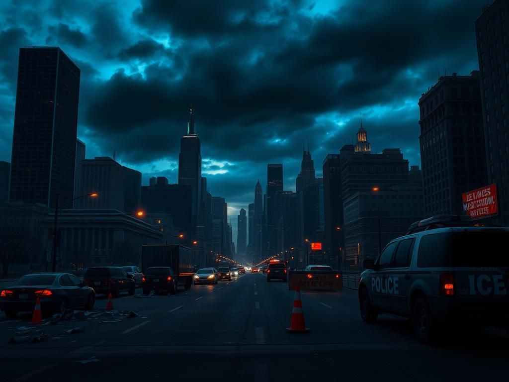 Flick International Dramatic cityscape at dusk with towering skyscrapers representing urban unrest