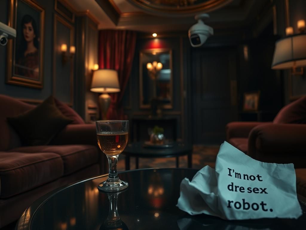 Flick International Dimly lit luxurious hotel room with plush furnishings and a crumpled piece of paper reflecting tension