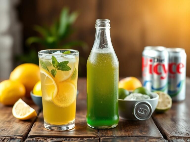 Flick International A vibrant still life of beverages showcasing sparkling green tea and colorful kombucha, with empty Diet Coke cans in the background.