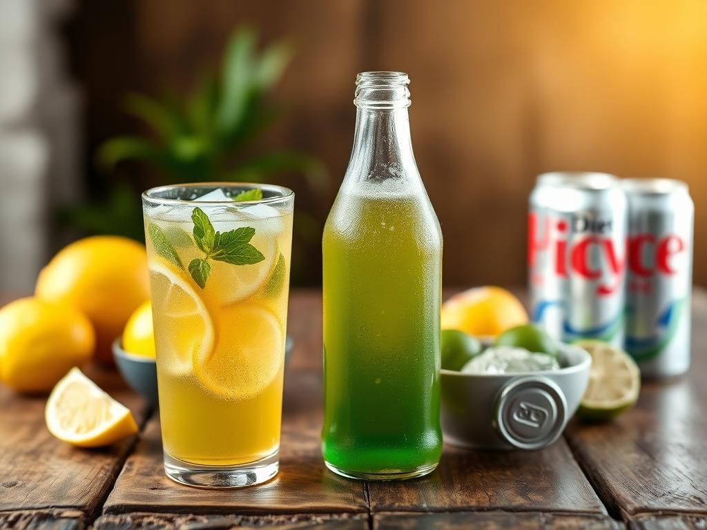 Flick International A vibrant still life of beverages showcasing sparkling green tea and colorful kombucha, with empty Diet Coke cans in the background.