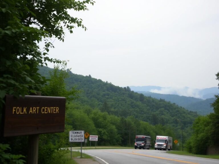 Flick International Rustic wooden sign near the Folk Art Center along the Blue Ridge Parkway with emergency response in the background