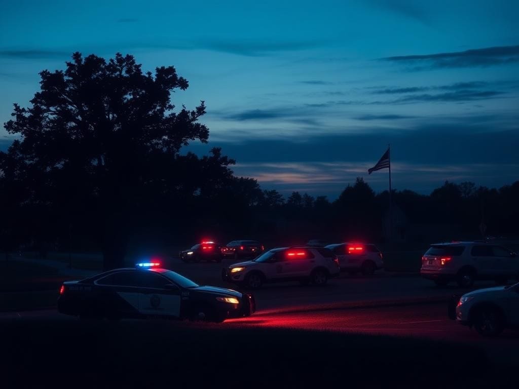 Flick International A quiet Minnesota town at twilight with flashing police lights signifying law enforcement presence