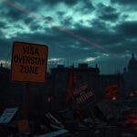 Flick International somber urban landscape at dusk representing national security vulnerabilities
