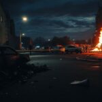 Flick International Dark urban street scene at night showing remnants of a riot with a charred vehicle, shattered glass, and graffiti.