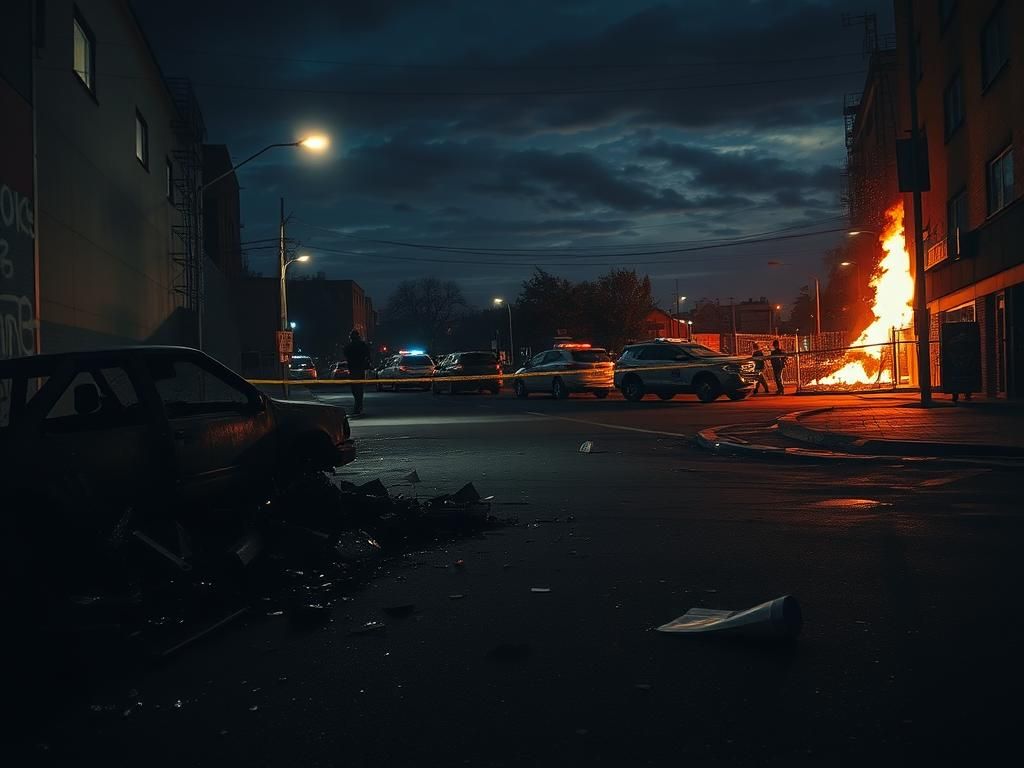 Flick International Dark urban street scene at night showing remnants of a riot with a charred vehicle, shattered glass, and graffiti.