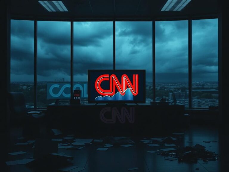 Flick International A dimly lit CNN news desk with a flickering monitor and stormy backdrop.