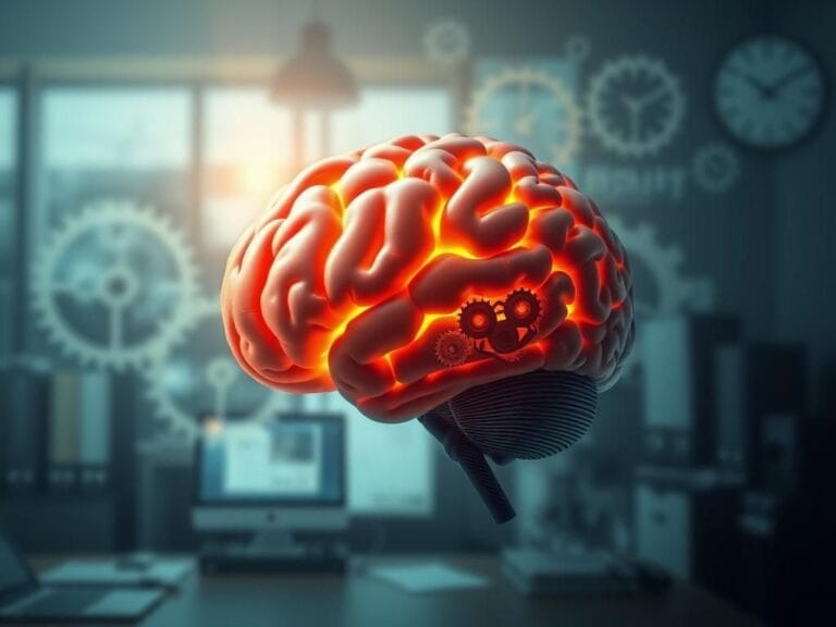 Flick International Abstract artistic representation of a brain intertwined with office elements symbolizing overwork