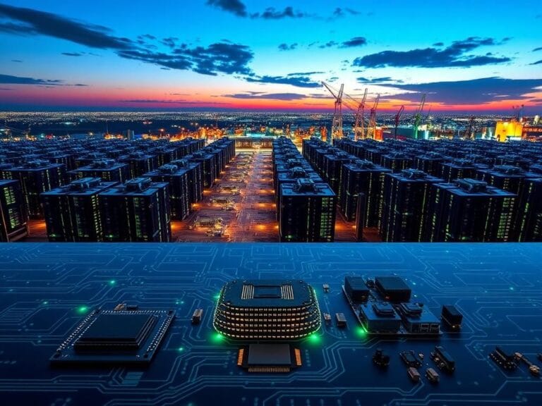 Flick International High-tech manufacturing facility showcasing advanced AI hardware and vibrant innovation lights