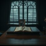 Flick International A somber royal study with a grand wooden desk, leather-bound journal, and an antique quill pen symbolizing introspection.