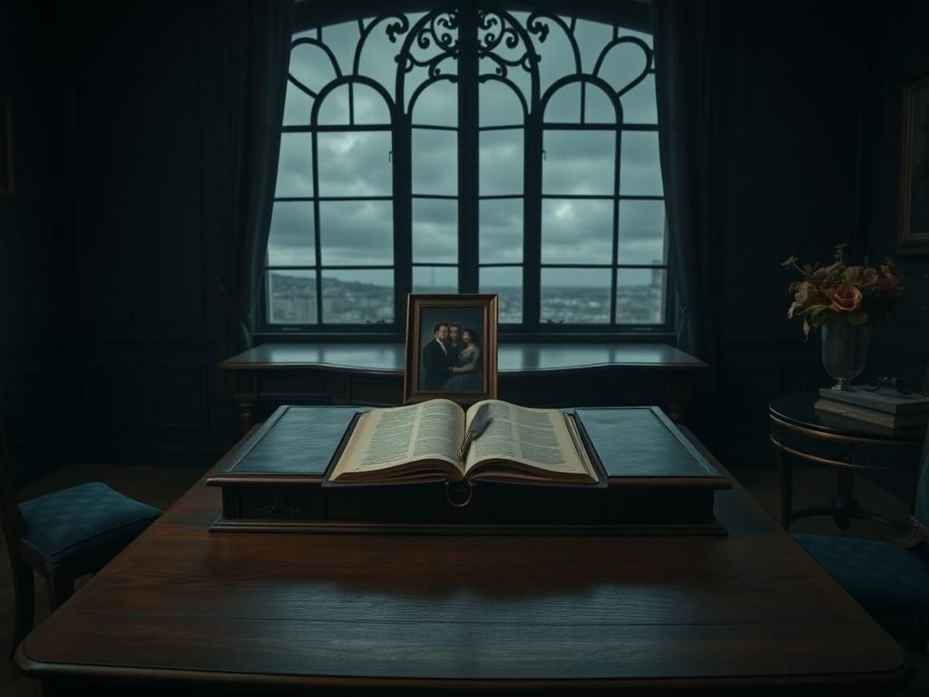 Flick International A somber royal study with a grand wooden desk, leather-bound journal, and an antique quill pen symbolizing introspection.