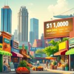 Flick International A bustling urban landscape representing economic vitality with small businesses and positive economic indicators