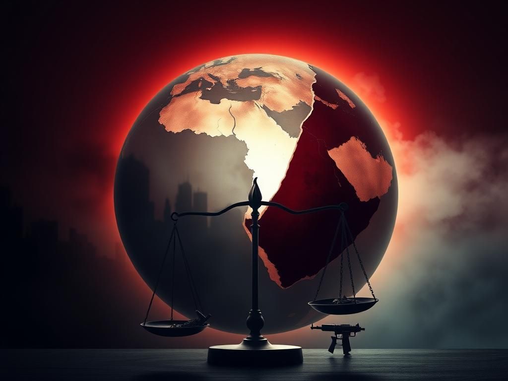 Flick International A broken globe with a fragmented map of the Middle East highlighting Gaza and Israel amidst conflict.