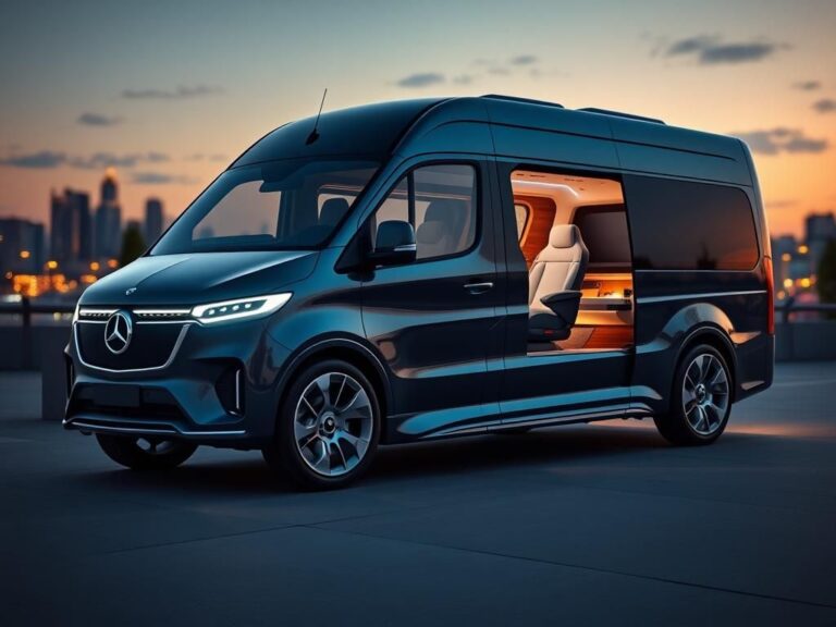 Flick International Luxurious Mercedes Vision V electric van showcasing modern design at dusk