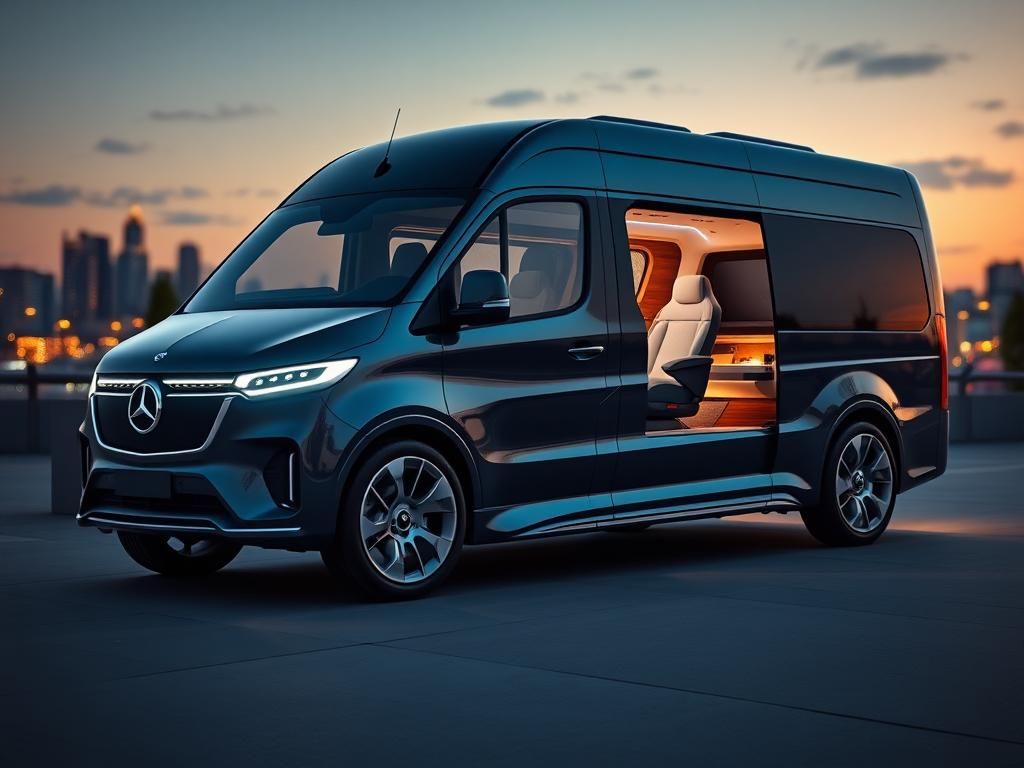 Flick International Luxurious Mercedes Vision V electric van showcasing modern design at dusk