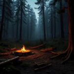Flick International A misty forest landscape at twilight featuring a rustic camping setup and signs of a snack thief