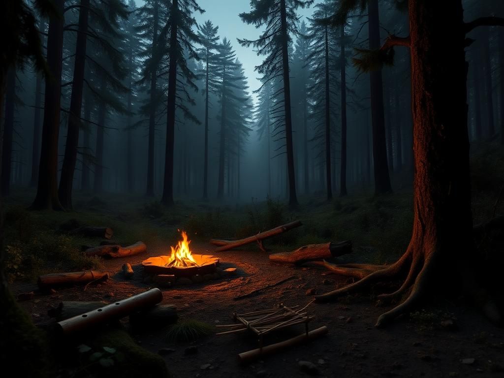 Flick International A misty forest landscape at twilight featuring a rustic camping setup and signs of a snack thief