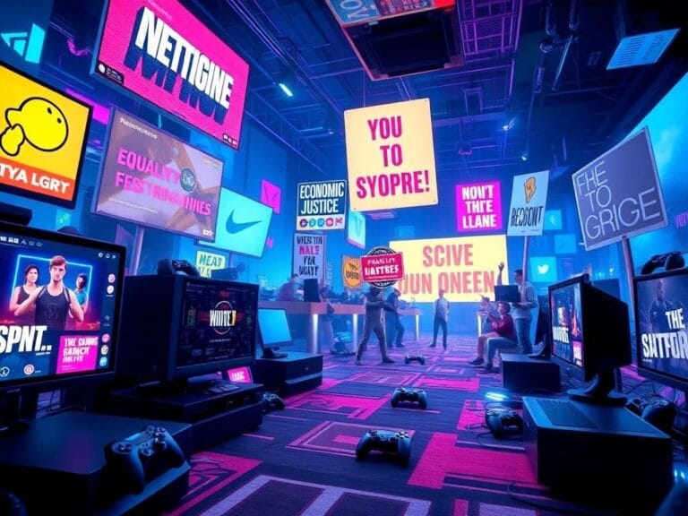 Flick International Dynamic gaming environment with colorful video game consoles and social media icons reflecting youth culture