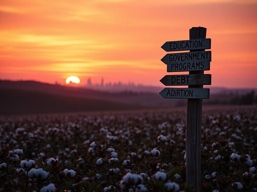 Flick International A serene landscape of Georgia featuring a cotton field and a signpost highlighting voter concerns