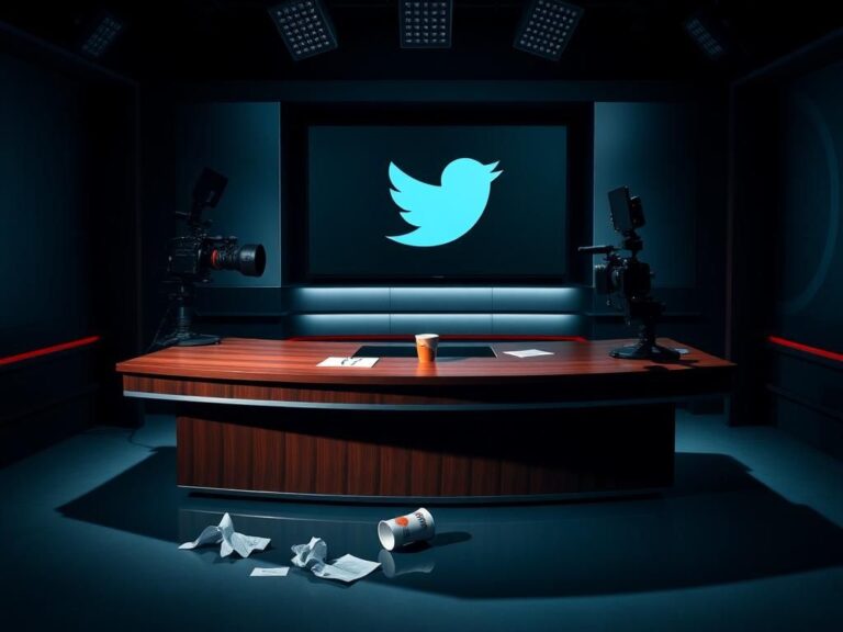 Flick International A dramatic empty newsroom with a polished wooden desk and high-tech camera setup reflecting tension