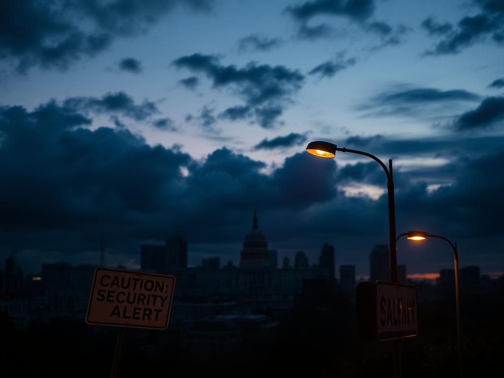 Flick International Dramatic urban landscape at dusk with a silhouette of a city skyline and a broken street sign