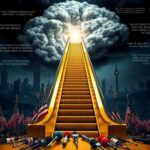 Flick International An escalator adorned with American flags leading into a dark cloud, symbolizing Donald Trump's 2016 campaign launch.