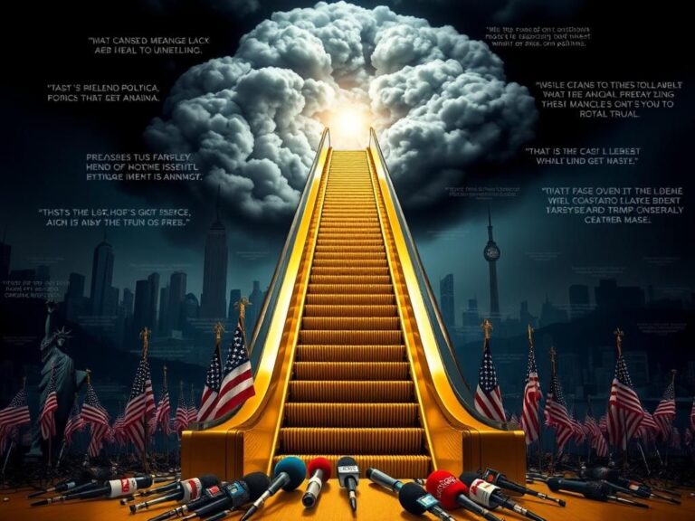 Flick International An escalator adorned with American flags leading into a dark cloud, symbolizing Donald Trump's 2016 campaign launch.