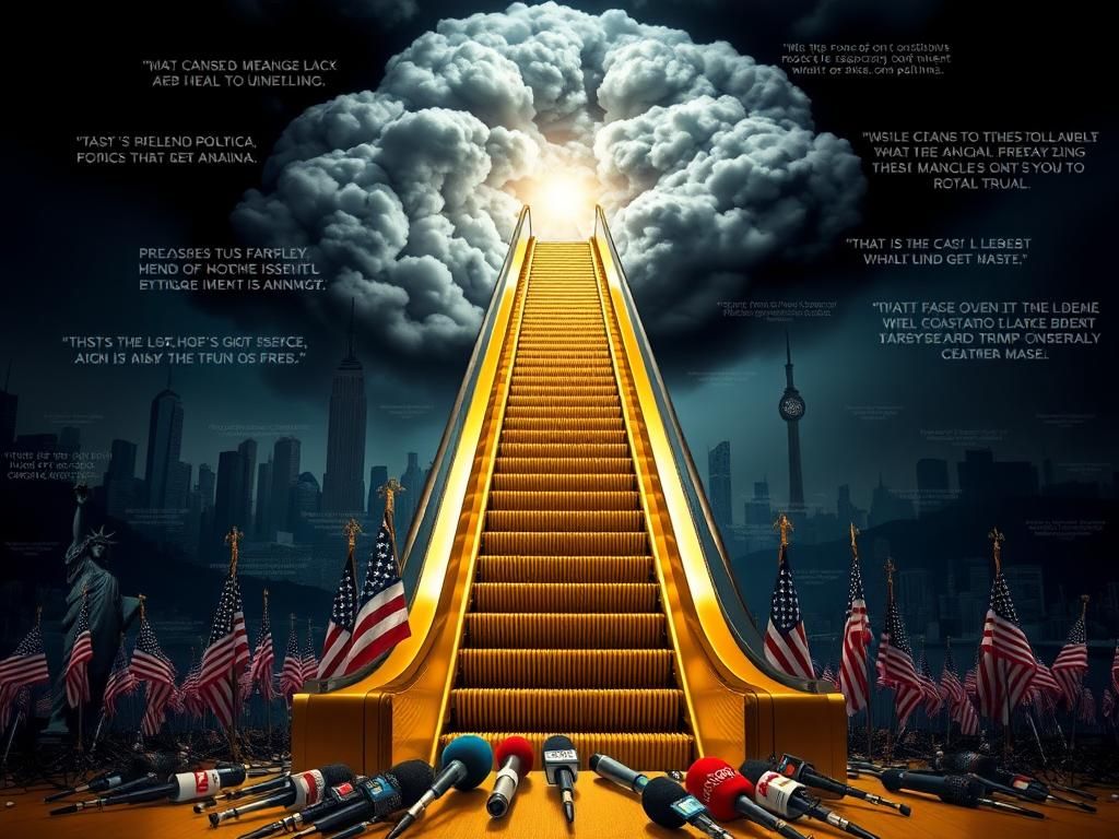 Flick International An escalator adorned with American flags leading into a dark cloud, symbolizing Donald Trump's 2016 campaign launch.