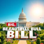Flick International Grand Capitol building with vibrant 'Big, Beautiful Bill' banners under a blue sky