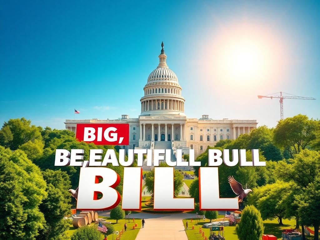 Flick International Grand Capitol building with vibrant 'Big, Beautiful Bill' banners under a blue sky