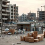 Flick International A damaged urban landscape in Gaza with a distribution center and humanitarian aid boxes