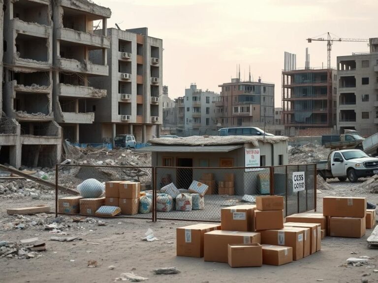 Flick International A damaged urban landscape in Gaza with a distribution center and humanitarian aid boxes
