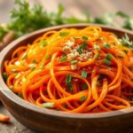 Flick International Close-up of a vibrant carrot ribbon salad with colorful ingredients