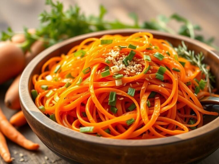 Flick International Close-up of a vibrant carrot ribbon salad with colorful ingredients